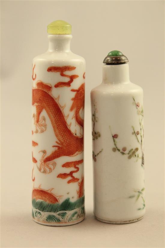 Two Chinese enamelled porcelain cylindrical snuff bottles, 1820-1900, 8.2cm